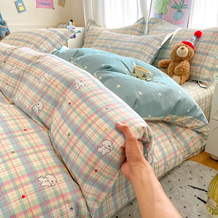 91家纺网 家纺一手货源 找家纺 2025新款全棉印花小清新单品系列-单被套(提供买家秀）彩虹格小狗