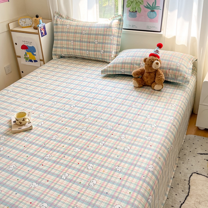 91家纺网 家纺一手货源 找家纺 2025新款全棉印花小清新单品系列-单床单彩虹格小狗