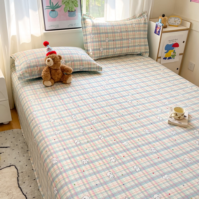 91家纺网 家纺一手货源 找家纺 2025新款全棉印花小清新单品系列-单床单彩虹格小狗