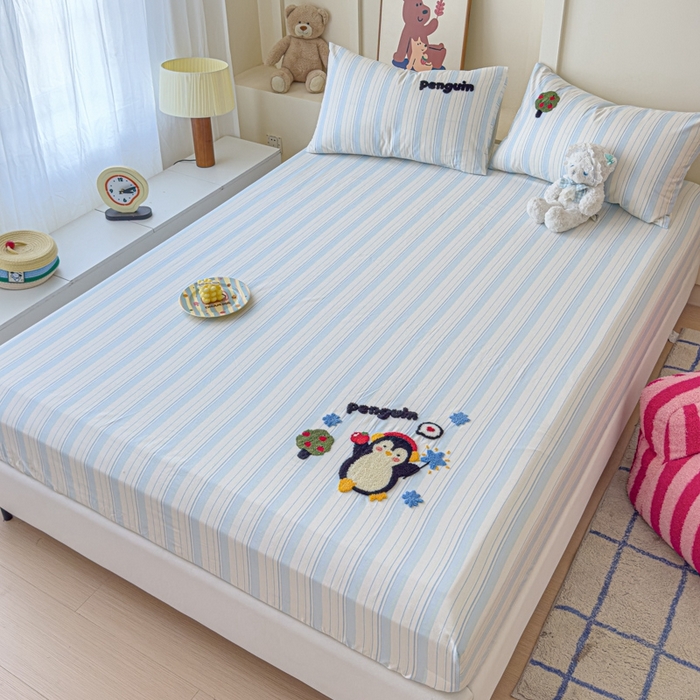 91家纺网 家纺一手货源 找家纺 感遇家纺 2025新款毛巾绣床笠三件套 音乐企鹅