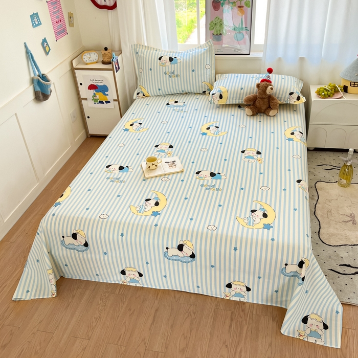 91家纺网 家纺一手货源 找家纺 2025新款全棉印花小清新单品系列-单床单酣睡狗