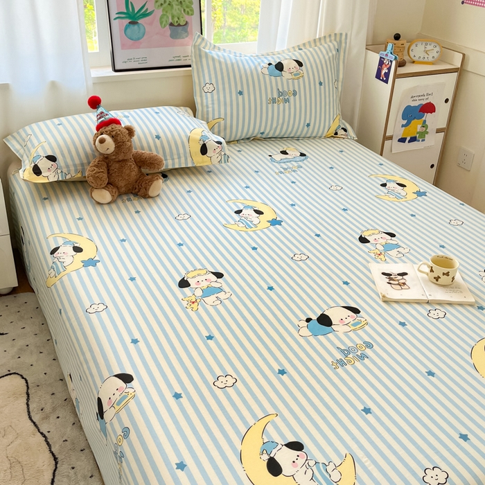 91家纺网 家纺一手货源 找家纺 2025新款全棉印花小清新单品系列-单床单酣睡狗