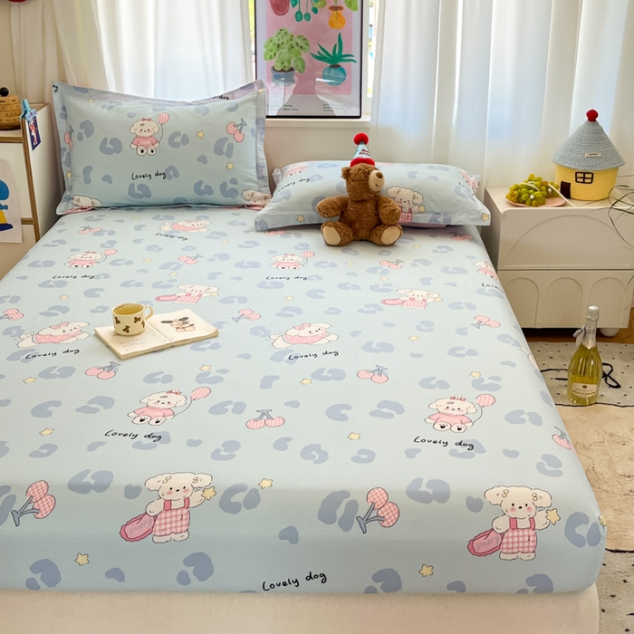 91家纺网 家纺一手货源 找家纺 2025新款全棉印花小清新单品系列-单床笠比星邦尼狗