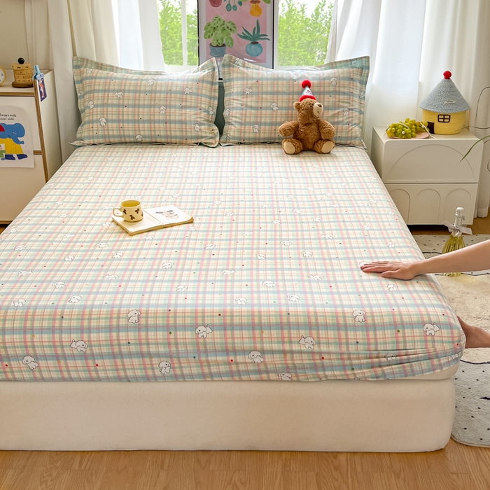 91家纺网 家纺一手货源 找家纺 2025新款全棉印花小清新单品系列-单床笠彩虹格小狗