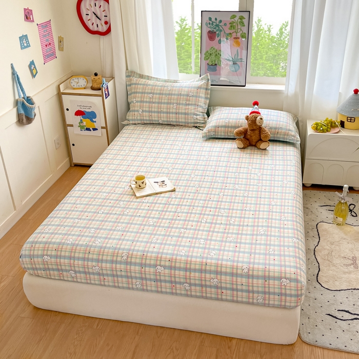 91家纺网 家纺一手货源 找家纺 2025新款全棉印花小清新单品系列-单床笠彩虹格小狗