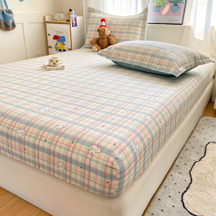 91家纺网 家纺一手货源 找家纺 2025新款全棉印花小清新单品系列-单床笠彩虹格小狗