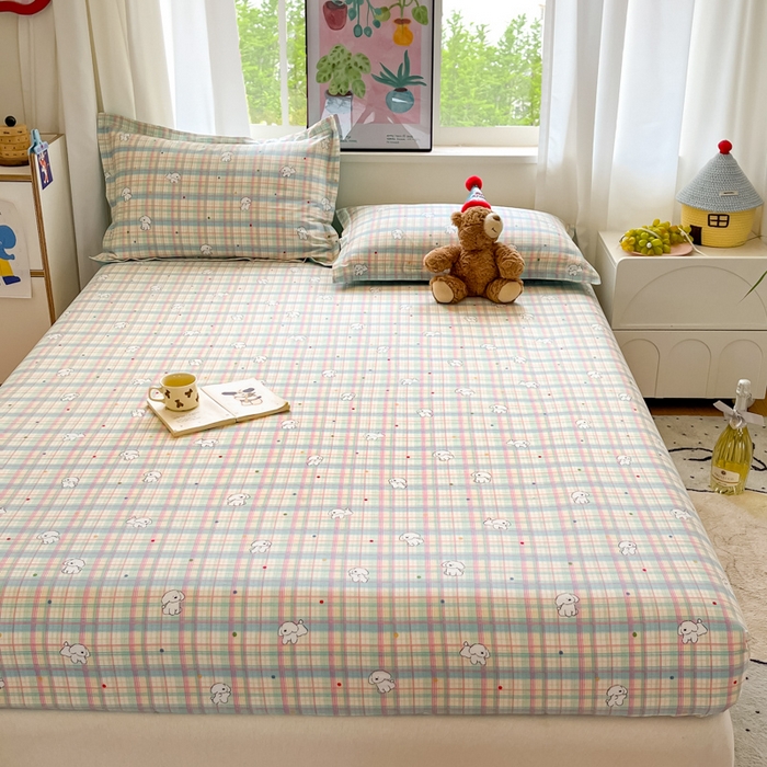 91家纺网 家纺一手货源 找家纺 2025新款全棉印花小清新单品系列-单床笠彩虹格小狗