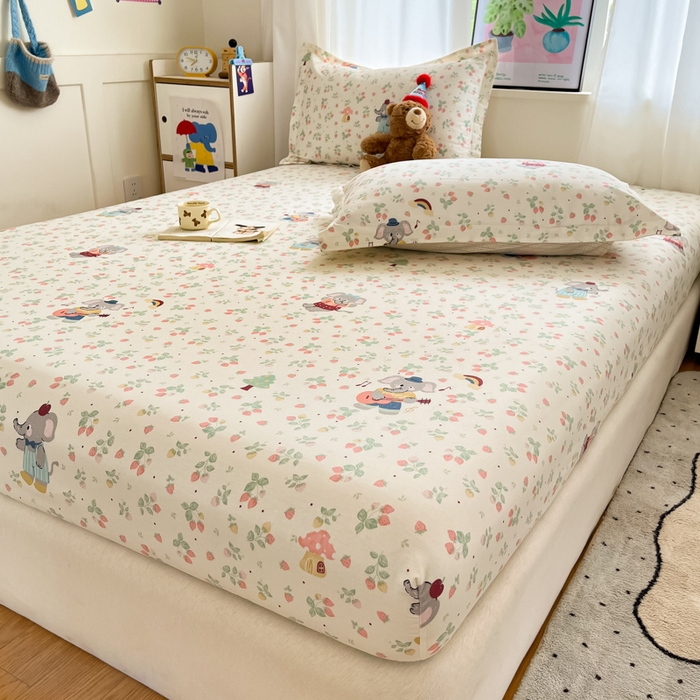 91家纺网 家纺一手货源 找家纺 2025新款全棉印花小清新单品系列-单床笠弹唱小象