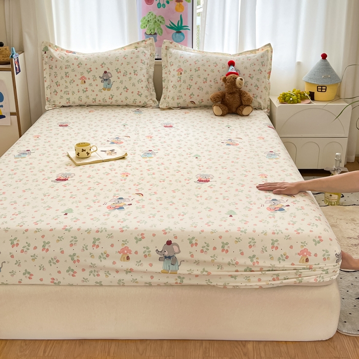 91家纺网 家纺一手货源 找家纺 2025新款全棉印花小清新单品系列-单床笠弹唱小象