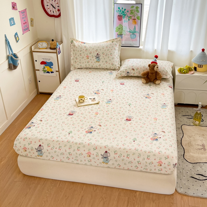 91家纺网 家纺一手货源 找家纺 2025新款全棉印花小清新单品系列-单床笠弹唱小象