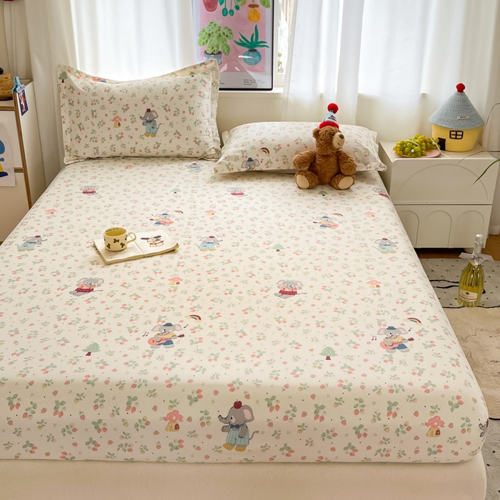 91家纺网 家纺一手货源 找家纺 2025新款全棉印花小清新单品系列-单床笠弹唱小象