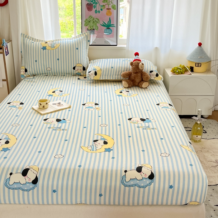 91家纺网 家纺一手货源 找家纺 2025新款全棉印花小清新单品系列-单床笠酣睡狗