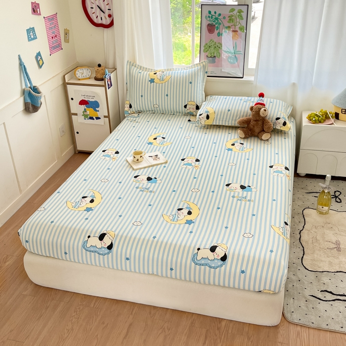 91家纺网 家纺一手货源 找家纺 2025新款全棉印花小清新单品系列-单床笠酣睡狗