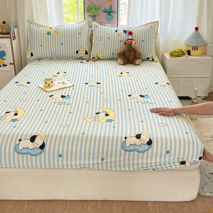 91家纺网 家纺一手货源 找家纺 2025新款全棉印花小清新单品系列-单床笠酣睡狗