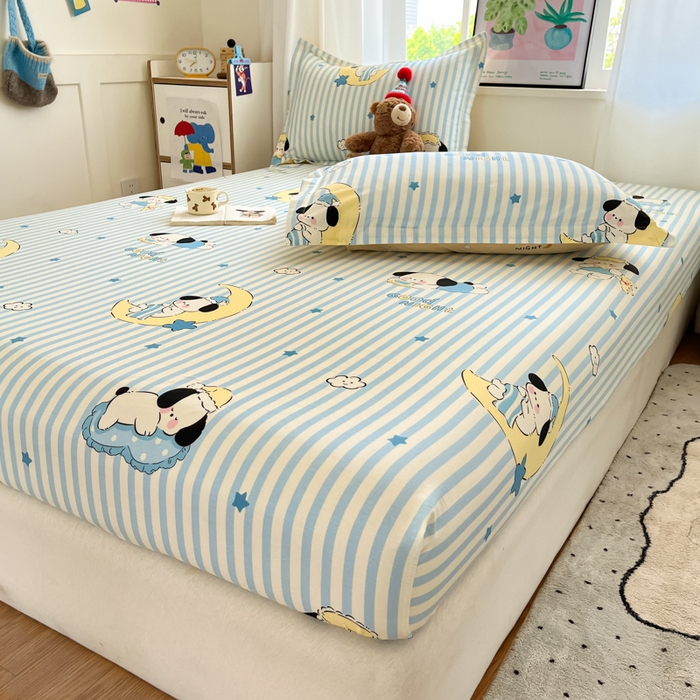 91家纺网 家纺一手货源 找家纺 2025新款全棉印花小清新单品系列-单床笠酣睡狗