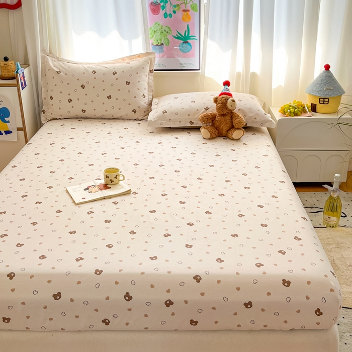 91家纺网 家纺一手货源 找家纺 2025新款全棉印花小清新单品系列-单床笠小熊联谊