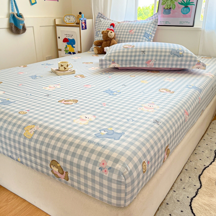 91家纺网 家纺一手货源 找家纺 2025新款全棉印花小清新单品系列-单床笠星星发夹狗