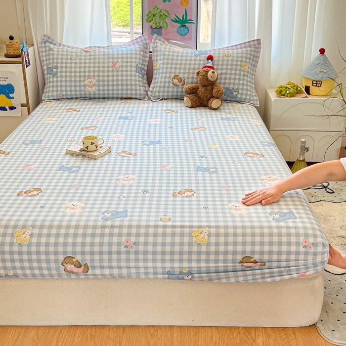 91家纺网 家纺一手货源 找家纺 2025新款全棉印花小清新单品系列-单床笠星星发夹狗