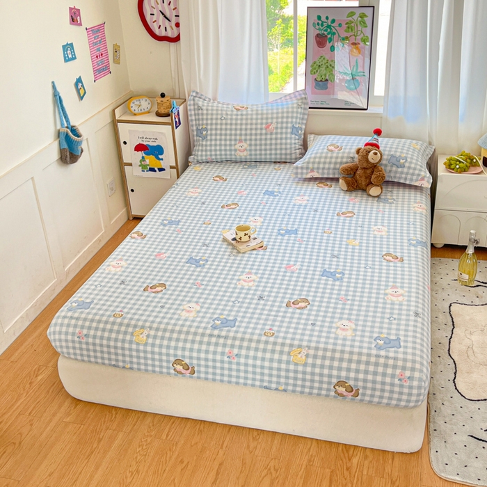 91家纺网 家纺一手货源 找家纺 2025新款全棉印花小清新单品系列-单床笠星星发夹狗