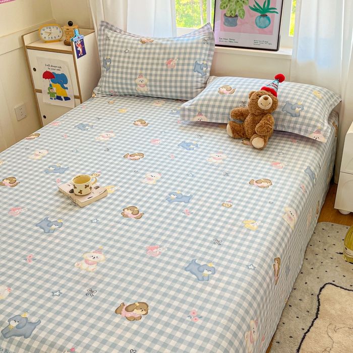 91家纺网 家纺一手货源 找家纺 2025新款全棉印花小清新单品系列-单床笠星星发夹狗