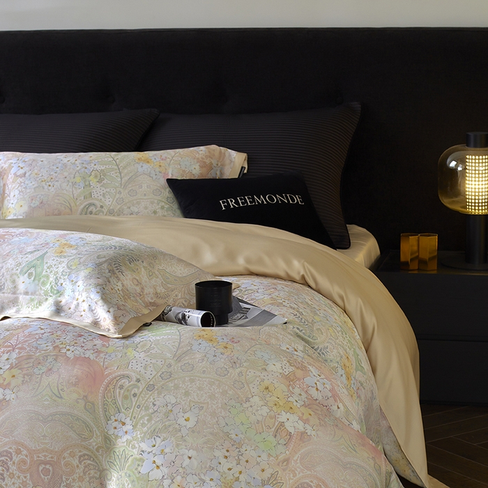 91家纺网 家纺一手货源 找家纺 蕾诺家纺 2025新款60支进口奥地利兰精天丝数码印花四件套 伊娃-香槟