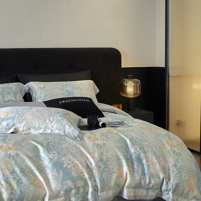 91家纺网 家纺一手货源 找家纺 蕾诺家纺 2025新款60支进口奥地利兰精天丝数码印花四件套 伊娃-钴蓝