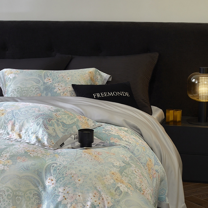 91家纺网 家纺一手货源 找家纺 蕾诺家纺 2025新款60支进口奥地利兰精天丝数码印花四件套 伊娃-钴蓝