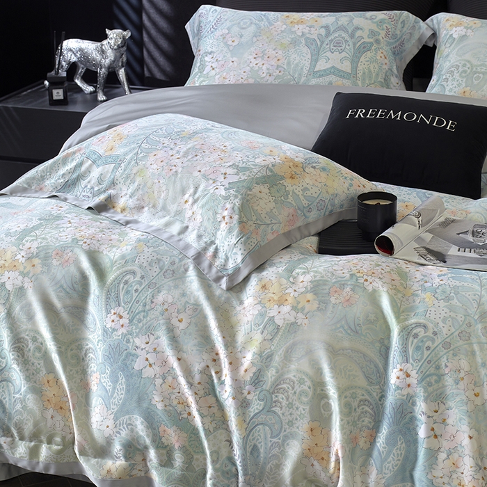 91家纺网 家纺一手货源 找家纺 蕾诺家纺 2025新款60支进口奥地利兰精天丝数码印花四件套 伊娃-钴蓝