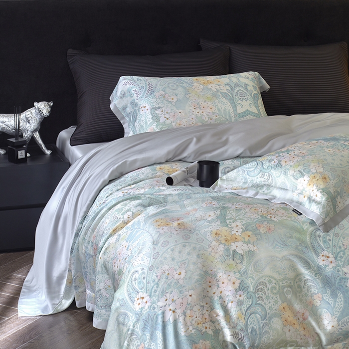 91家纺网 家纺一手货源 找家纺 蕾诺家纺 2025新款60支进口奥地利兰精天丝数码印花四件套 伊娃-钴蓝