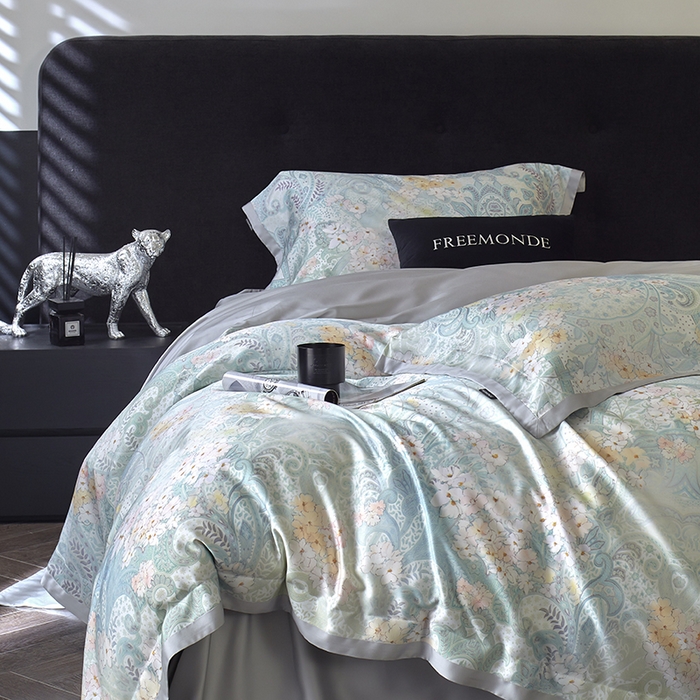 91家纺网 家纺一手货源 找家纺 蕾诺家纺 2025新款60支进口奥地利兰精天丝数码印花四件套 伊娃-钴蓝