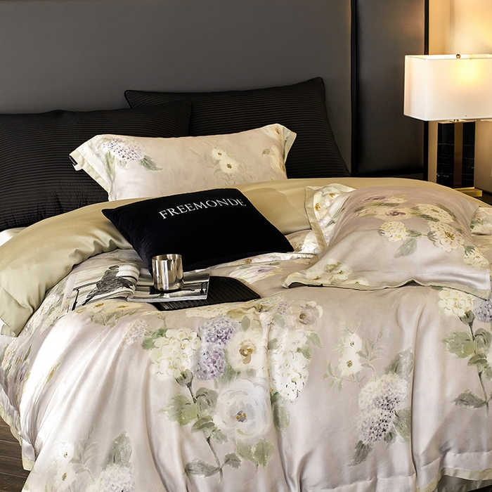 91家纺网 家纺一手货源 找家纺 蕾诺家纺 2025新款60支进口奥地利兰精天丝数码印花四件套 紫苏-海葵紫