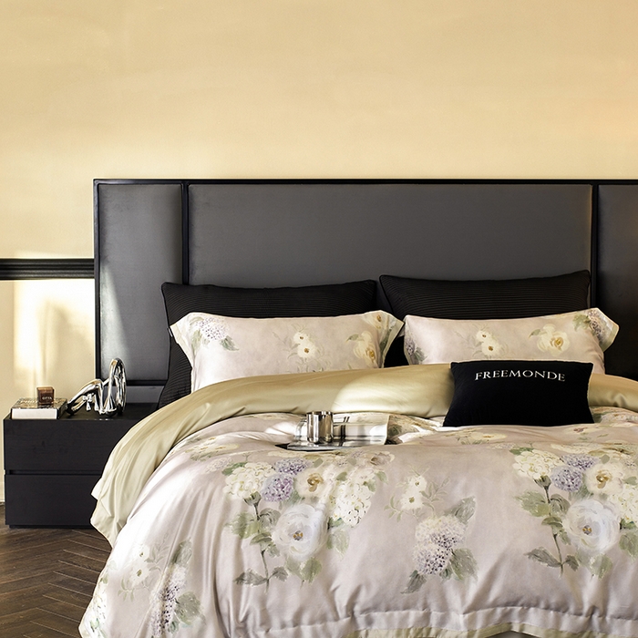 91家纺网 家纺一手货源 找家纺 蕾诺家纺 2025新款60支进口奥地利兰精天丝数码印花四件套 紫苏-海葵紫