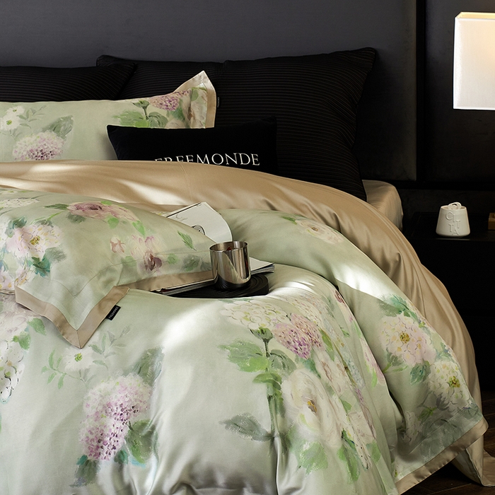 91家纺网 家纺一手货源 找家纺 蕾诺家纺 2025新款60支进口奥地利兰精天丝数码印花四件套 紫苏-薄荷绿