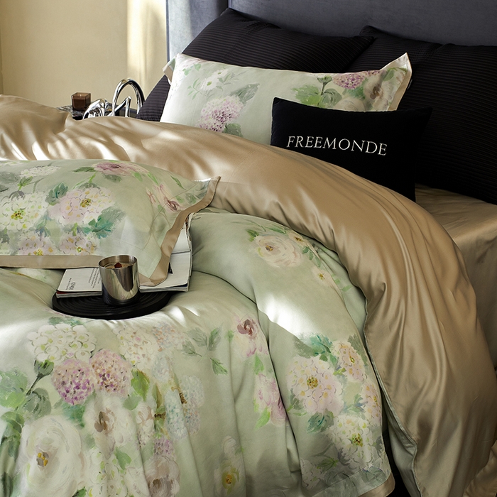 91家纺网 家纺一手货源 找家纺 蕾诺家纺 2025新款60支进口奥地利兰精天丝数码印花四件套 紫苏-薄荷绿