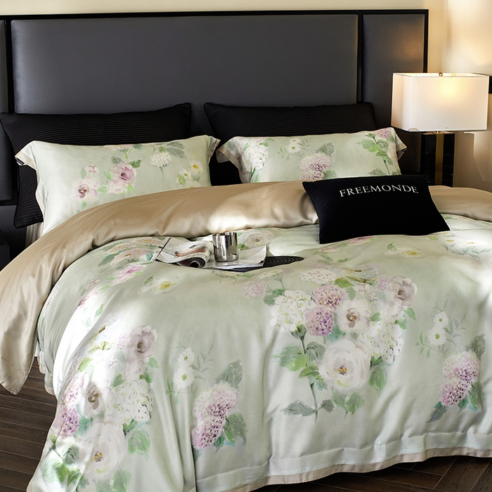 91家纺网 家纺一手货源 找家纺 蕾诺家纺 2025新款60支进口奥地利兰精天丝数码印花四件套 紫苏-薄荷绿