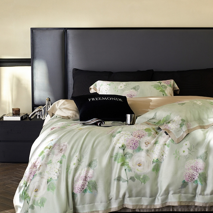 91家纺网 家纺一手货源 找家纺 蕾诺家纺 2025新款60支进口奥地利兰精天丝数码印花四件套 紫苏-薄荷绿