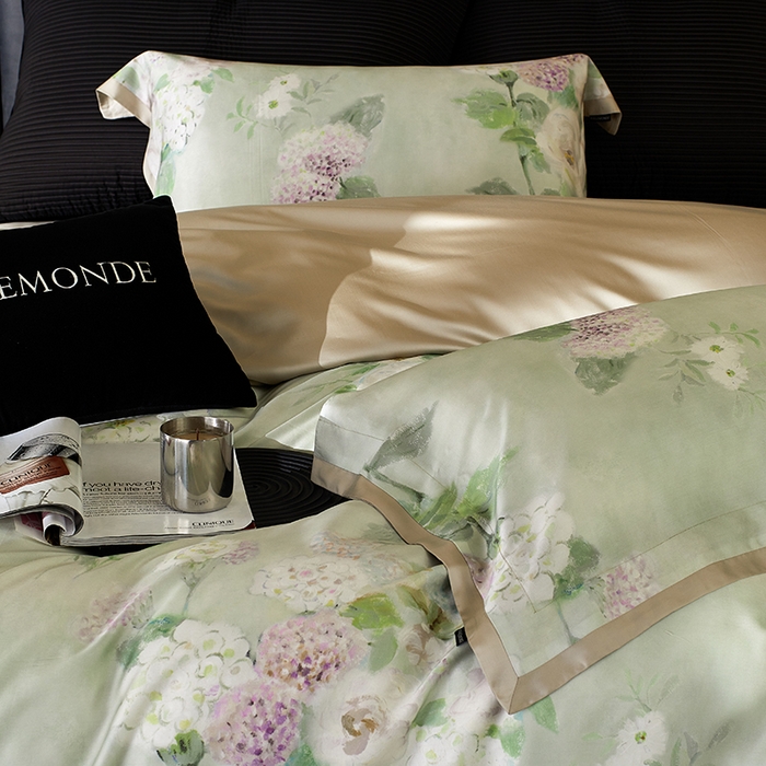 91家纺网 家纺一手货源 找家纺 蕾诺家纺 2025新款60支进口奥地利兰精天丝数码印花四件套 紫苏-薄荷绿