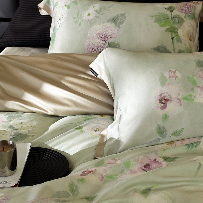 91家纺网 家纺一手货源 找家纺 蕾诺家纺 2025新款60支进口奥地利兰精天丝数码印花四件套 紫苏-薄荷绿