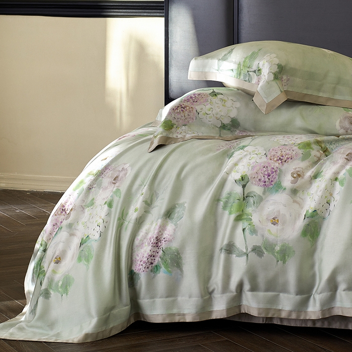 91家纺网 家纺一手货源 找家纺 蕾诺家纺 2025新款60支进口奥地利兰精天丝数码印花四件套 紫苏-薄荷绿