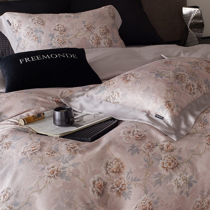 91家纺网 家纺一手货源 找家纺 蕾诺家纺 2025新款60支进口奥地利兰精天丝数码印花四件套 长乐-木槿粉