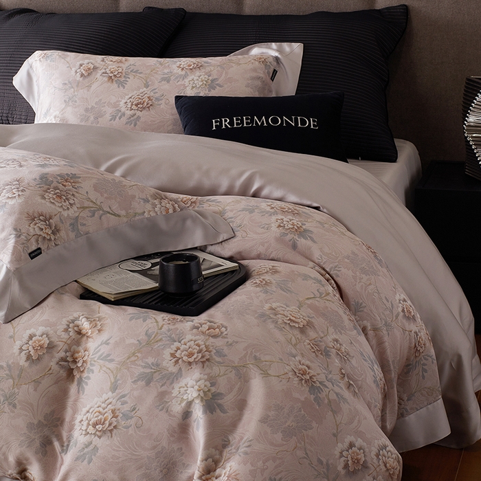 91家纺网 家纺一手货源 找家纺 蕾诺家纺 2025新款60支进口奥地利兰精天丝数码印花四件套 长乐-木槿粉