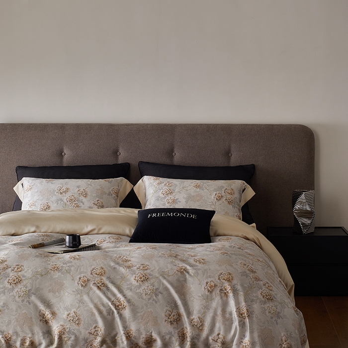 91家纺网 家纺一手货源 找家纺 蕾诺家纺 2025新款60支进口奥地利兰精天丝数码印花四件套 长乐-琥珀咖