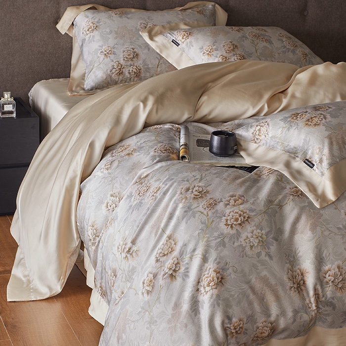 91家纺网 家纺一手货源 找家纺 蕾诺家纺 2025新款60支进口奥地利兰精天丝数码印花四件套 长乐-琥珀咖