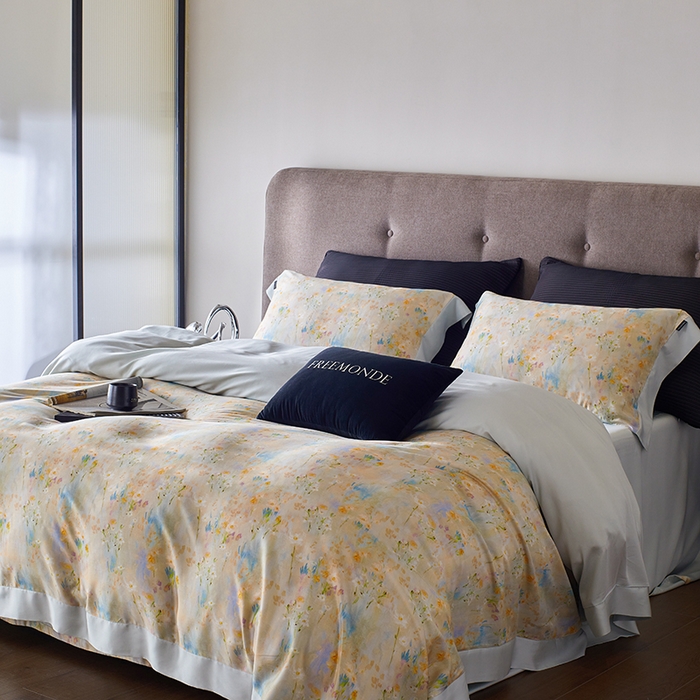 91家纺网 家纺一手货源 找家纺 蕾诺家纺 2025新款60支进口奥地利兰精天丝数码印花四件套 小枝寻