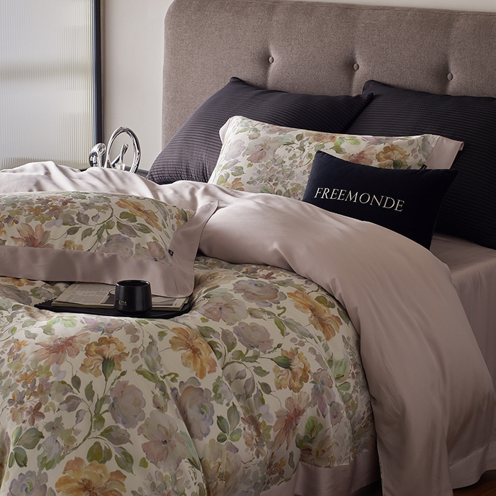 91家纺网 家纺一手货源 找家纺 蕾诺家纺 2025新款60支进口奥地利兰精天丝数码印花四件套 香颂-桃夭粉