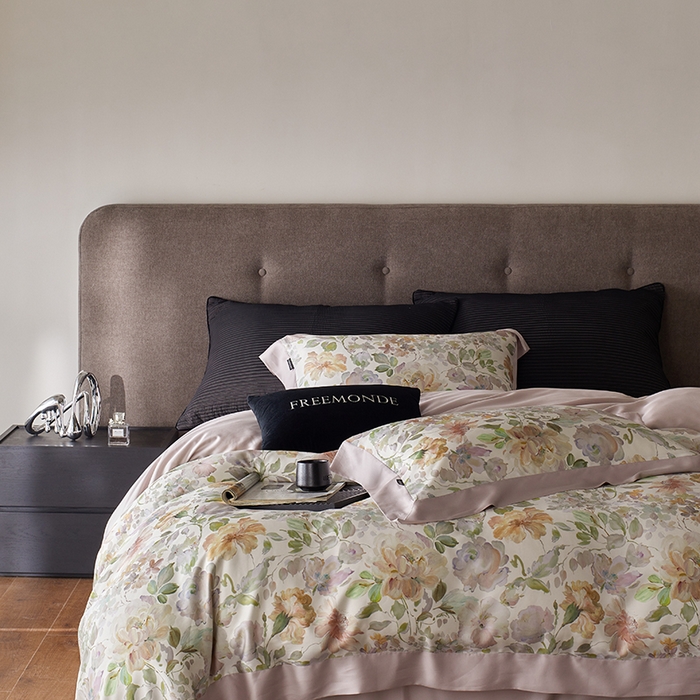 91家纺网 家纺一手货源 找家纺 蕾诺家纺 2025新款60支进口奥地利兰精天丝数码印花四件套 香颂-桃夭粉