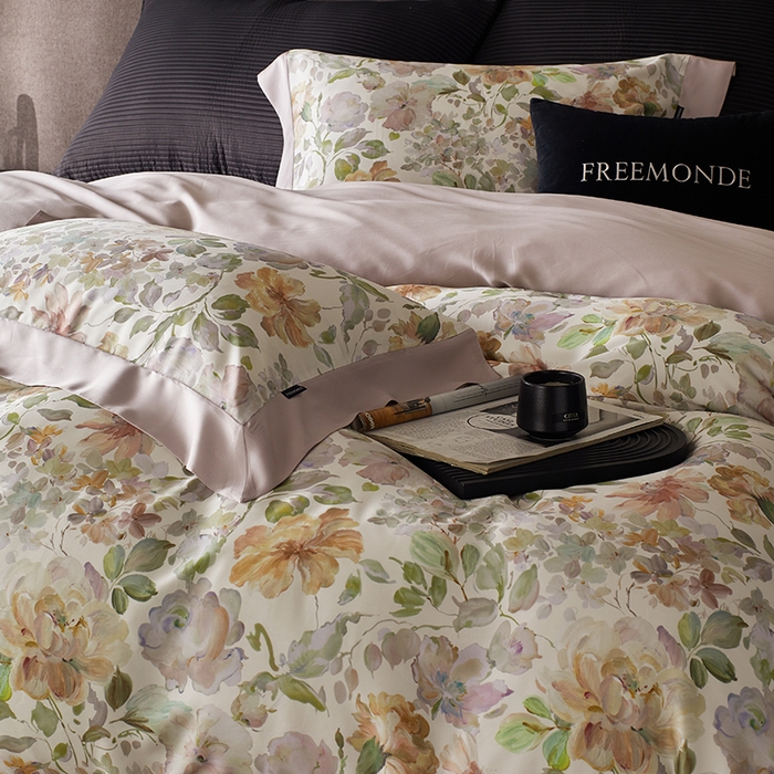 91家纺网 家纺一手货源 找家纺 蕾诺家纺 2025新款60支进口奥地利兰精天丝数码印花四件套 香颂-桃夭粉