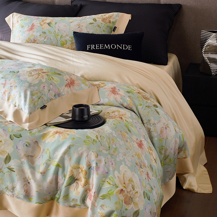 91家纺网 家纺一手货源 找家纺 蕾诺家纺 2025新款60支进口奥地利兰精天丝数码印花四件套 香颂-青提绿