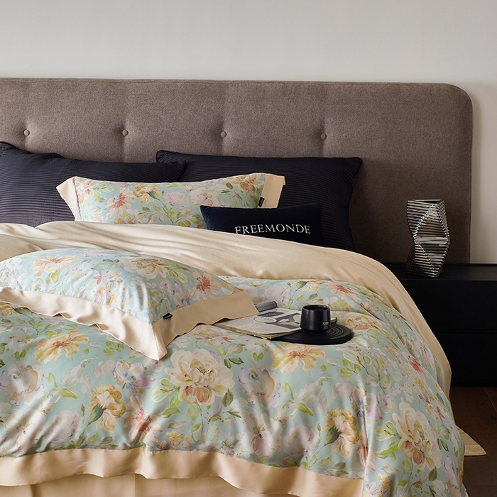 91家纺网 家纺一手货源 找家纺 蕾诺家纺 2025新款60支进口奥地利兰精天丝数码印花四件套 香颂-青提绿