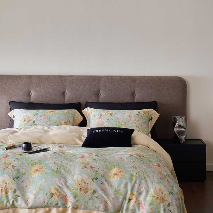 91家纺网 家纺一手货源 找家纺 蕾诺家纺 2025新款60支进口奥地利兰精天丝数码印花四件套 香颂-青提绿